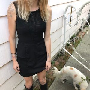 fitted black dress, high neck, mesh detail